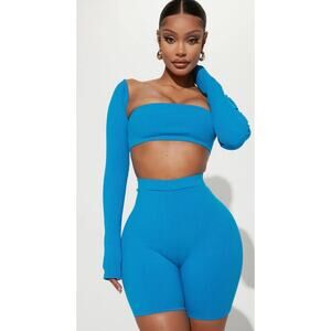 FASHIONNOVA Emily Snatched Short Set-Blue-Size XL